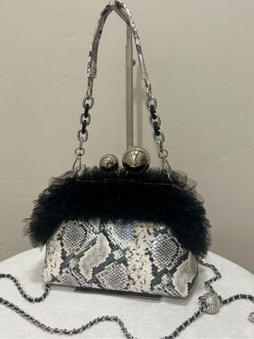 Iridescent Snakeskin Handmade “Super Ball” Kisslock Bag with Lace Ruffle Trim